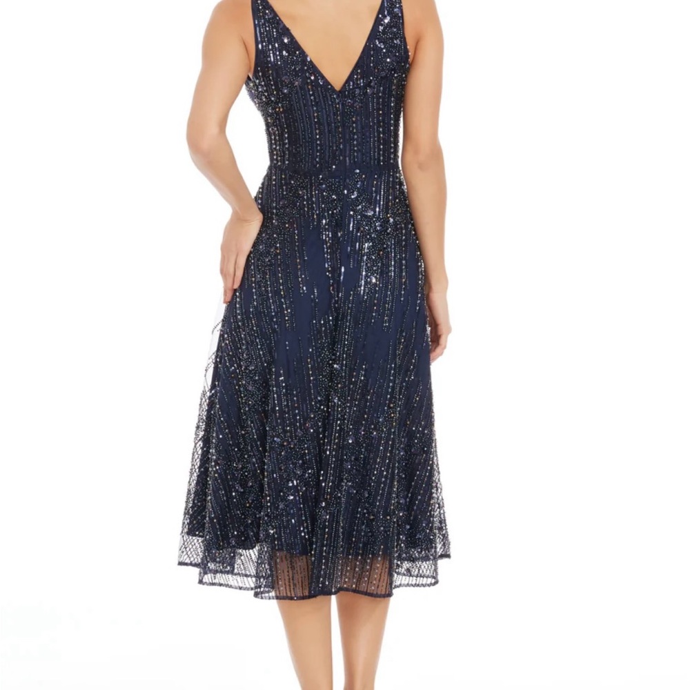 Dress the Population Blue Sequin Midi Dress Sleeveless V-Neck - Picture 2 of 3